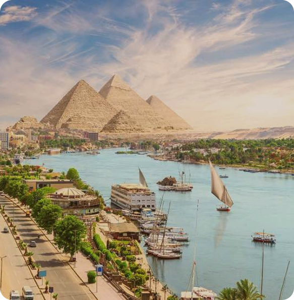 Egyptian landscape with pyramids and Nile River
